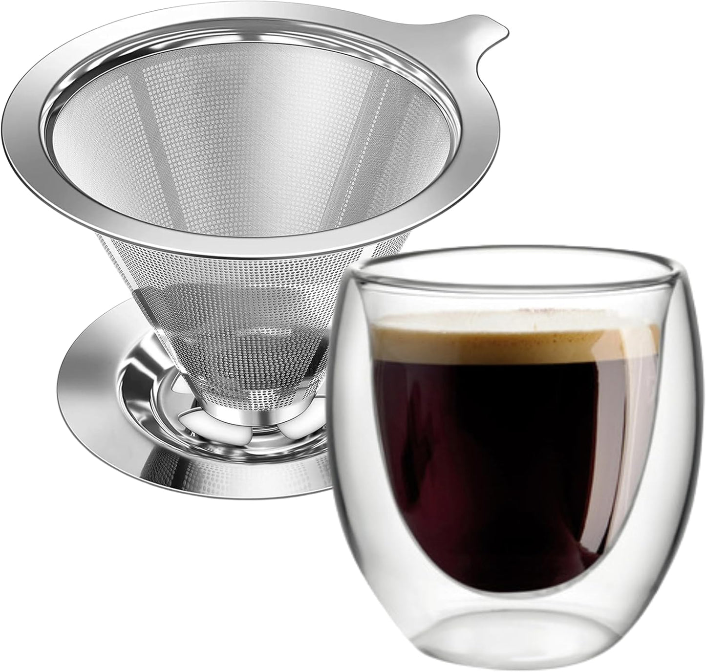 Birdee Double Walled Glass Coffee Cup with Stainless Steel Coffee Filter, Metal Cone Filter, Paperless, Reusable Coffee Filter, Volume of 1 Cup