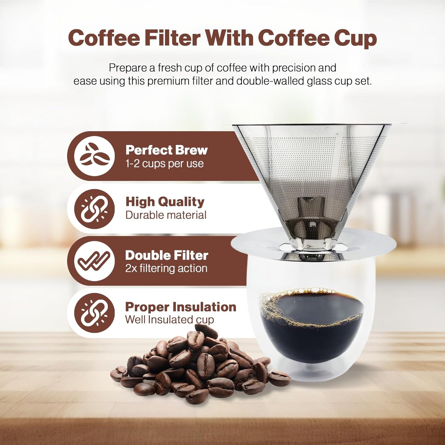 Birdee Double Walled Glass Coffee Cup with Stainless Steel Coffee Filter, Metal Cone Filter, Paperless, Reusable Coffee Filter, Volume of 1 Cup