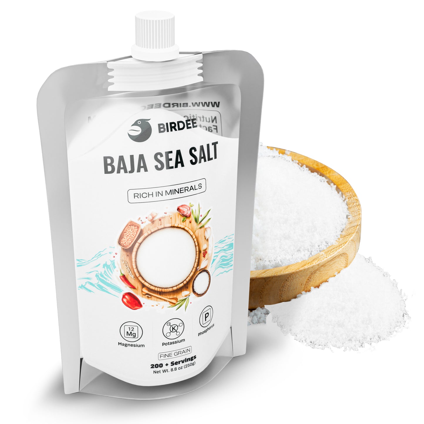 Birdee Low Sodium Sea Salt - Nutrient and Mineral Dense Sea Salt - 34% Less Sodium - Gourmet Salt for Baking, Seasoning Pickling - Fine Ground Sea Salt with No Additives or Fillers