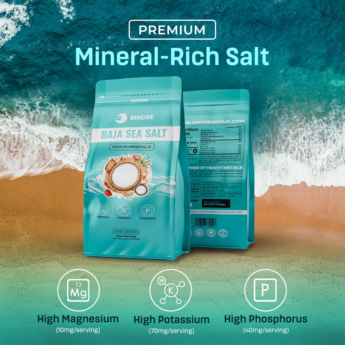 Birdee Low Sodium Sea Salt - Nutrient and Mineral Dense Sea Salt - 34% Less Sodium - Gourmet Salt for Baking, Seasoning Pickling - Fine Ground Sea Salt with No Additives or Fillers