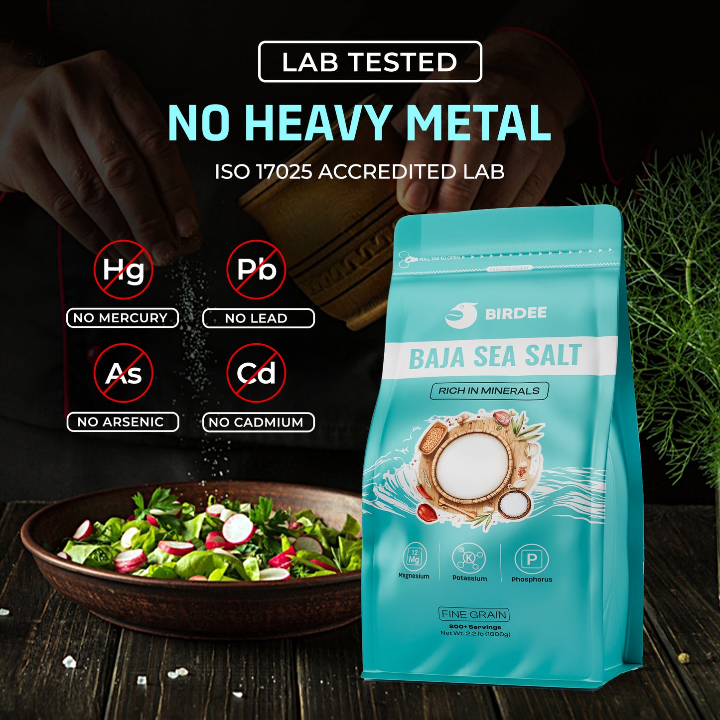 Birdee Low Sodium Sea Salt - Nutrient and Mineral Dense Sea Salt - 34% Less Sodium - Gourmet Salt for Baking, Seasoning Pickling - Fine Ground Sea Salt with No Additives or Fillers