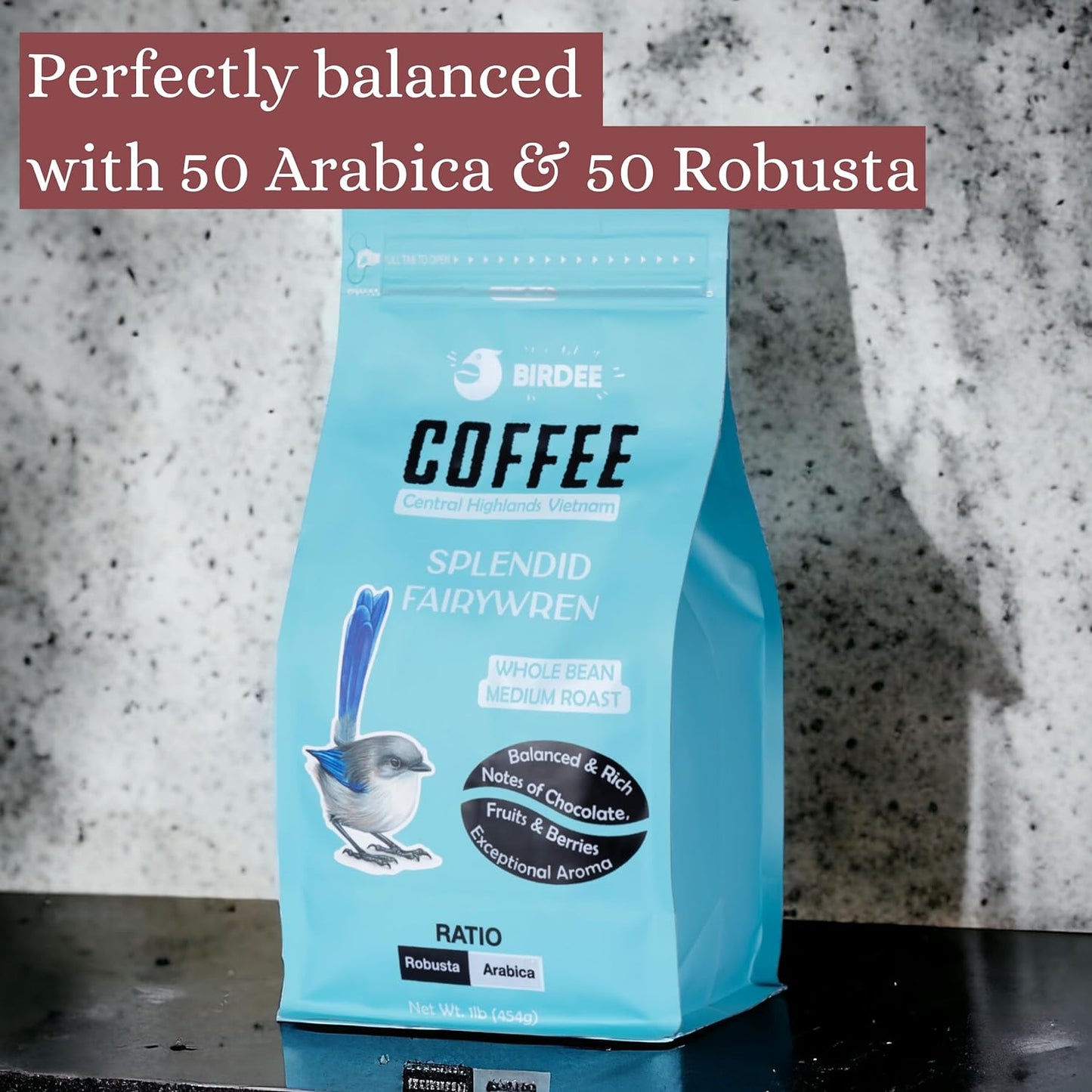 Birdee Vietnamese Coffee Bean - Spendid Fairywren - 50/50 Arabica & Robusta Coffee Beans - Perfect Balance - Cold Brew Espresso French Press, Pack of 1 (1lb – 454g)