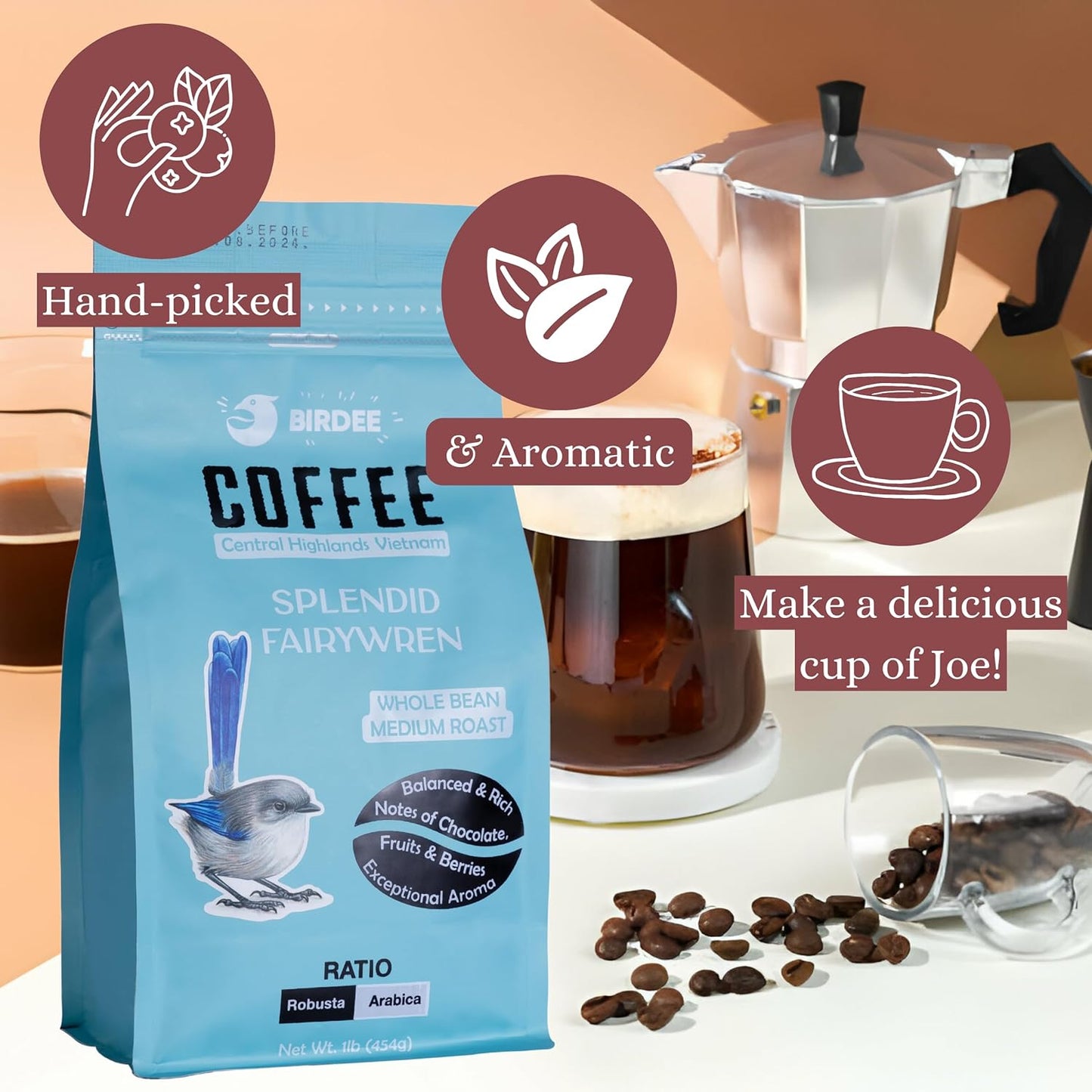 Birdee Vietnamese Coffee Bean - Spendid Fairywren - 50/50 Arabica & Robusta Coffee Beans - Perfect Balance - Cold Brew Espresso French Press, Pack of 1 (1lb – 454g)