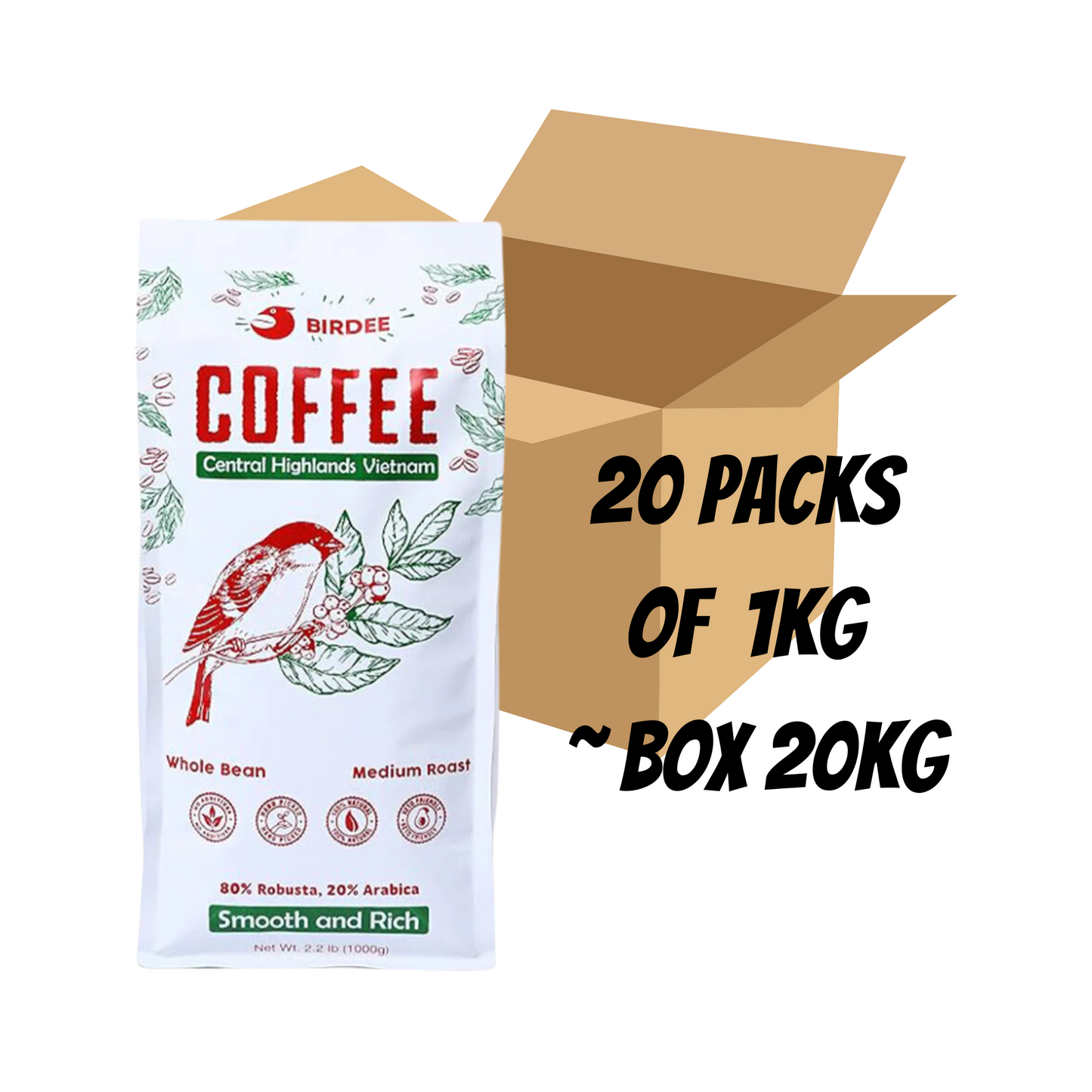 Birdee Vietnamese Coffee Bean- 20KG - Medium Roast Coffee with Rich Natural Flavor - 80% Robusta & 20% Arabica Whole Coffee Beans - Premium Aromatic Coffee - Cold Brew Espresso French Press, Pack of 20