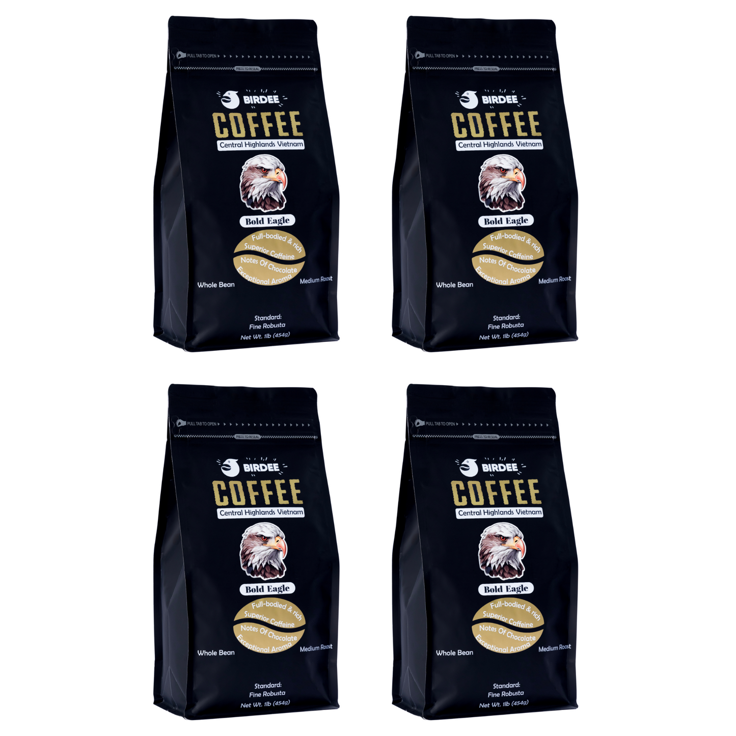 Birdee Vietnamese Coffee Bean - Bold Eagle - 100% Robusta Coffee Beans - Premium Aromatic Coffee - Cold Brew Espresso French Press, Pack of 4 (4lbs – 1.8kg)